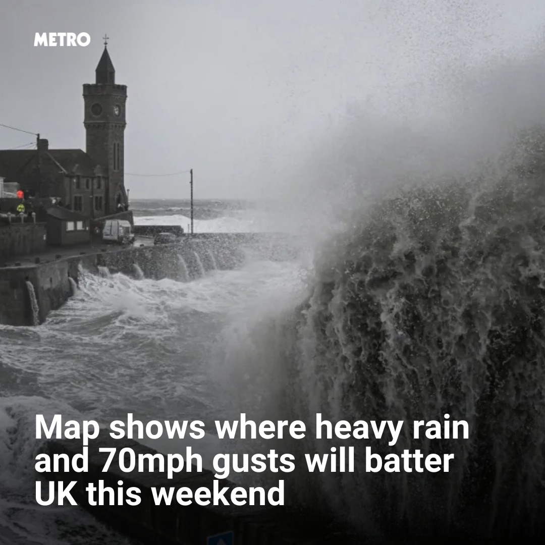 Map shows where heavy rain and 70mph gusts will batter UK this weekend