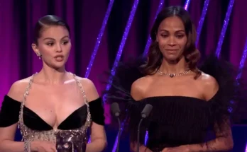 Awkward moment Selena Gomez struggles to pronounce Kneecap's win during the BAFTAs