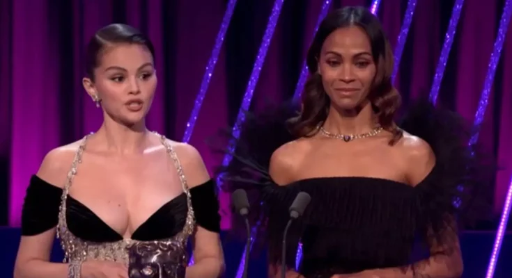 Awkward moment Selena Gomez struggles to pronounce Kneecap's win during the BAFTAs